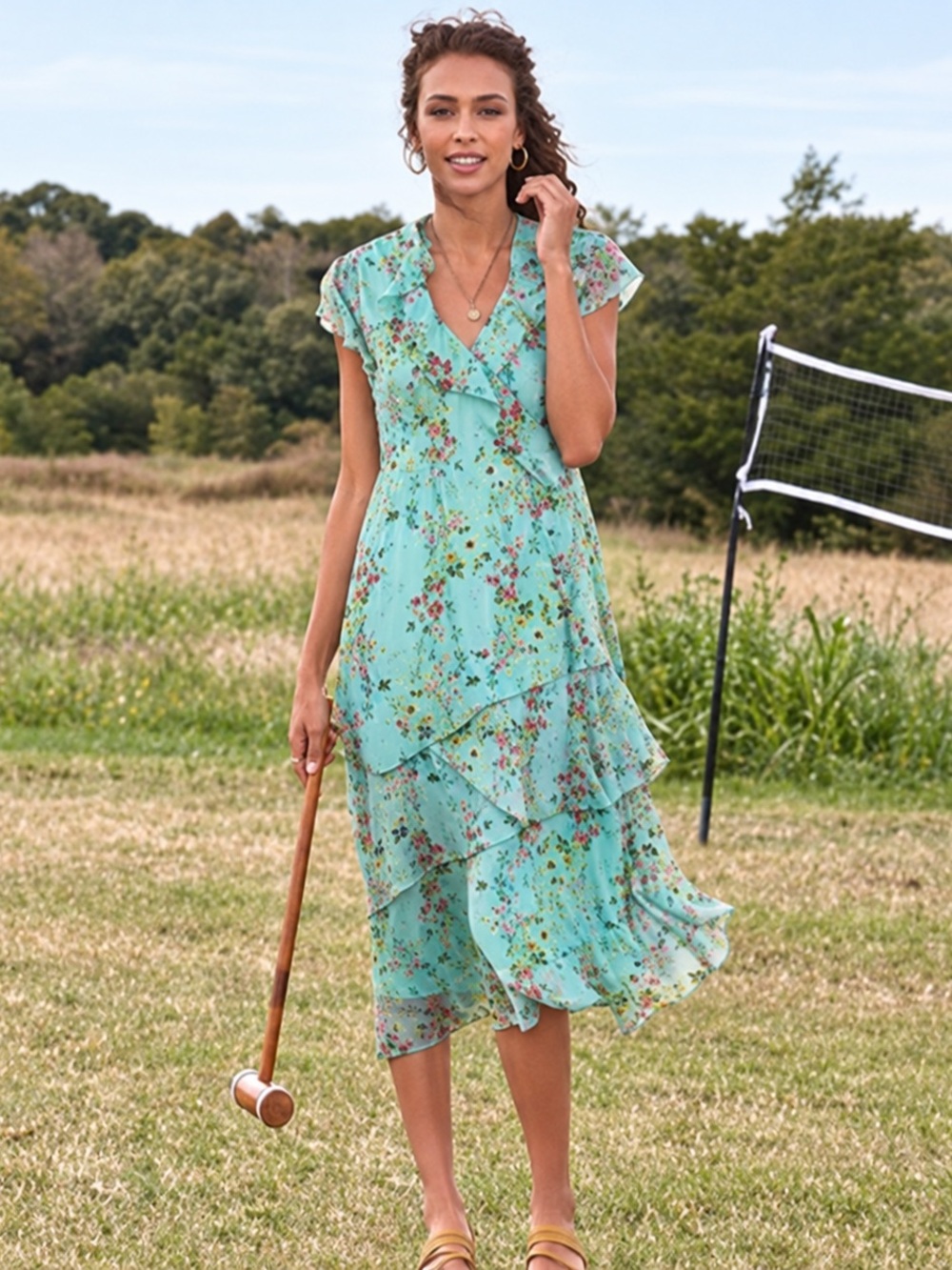 Sundance 100% Silk Floral Romantic Ruffle Wrap Midi Dress - Aqua Fairy